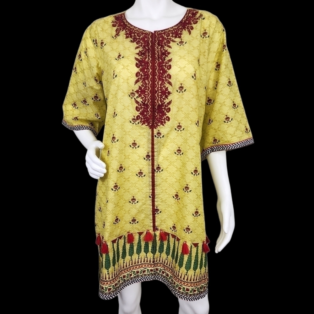 J Pret Kurti Yellow Embroidered Tassle Dress Size 14